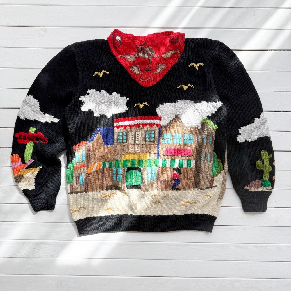 vtg Berek black western cowboy‎ novelty print sweater size S